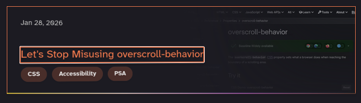 An article card showing a white focus ring appearing around the article title showing that it is currently selected.